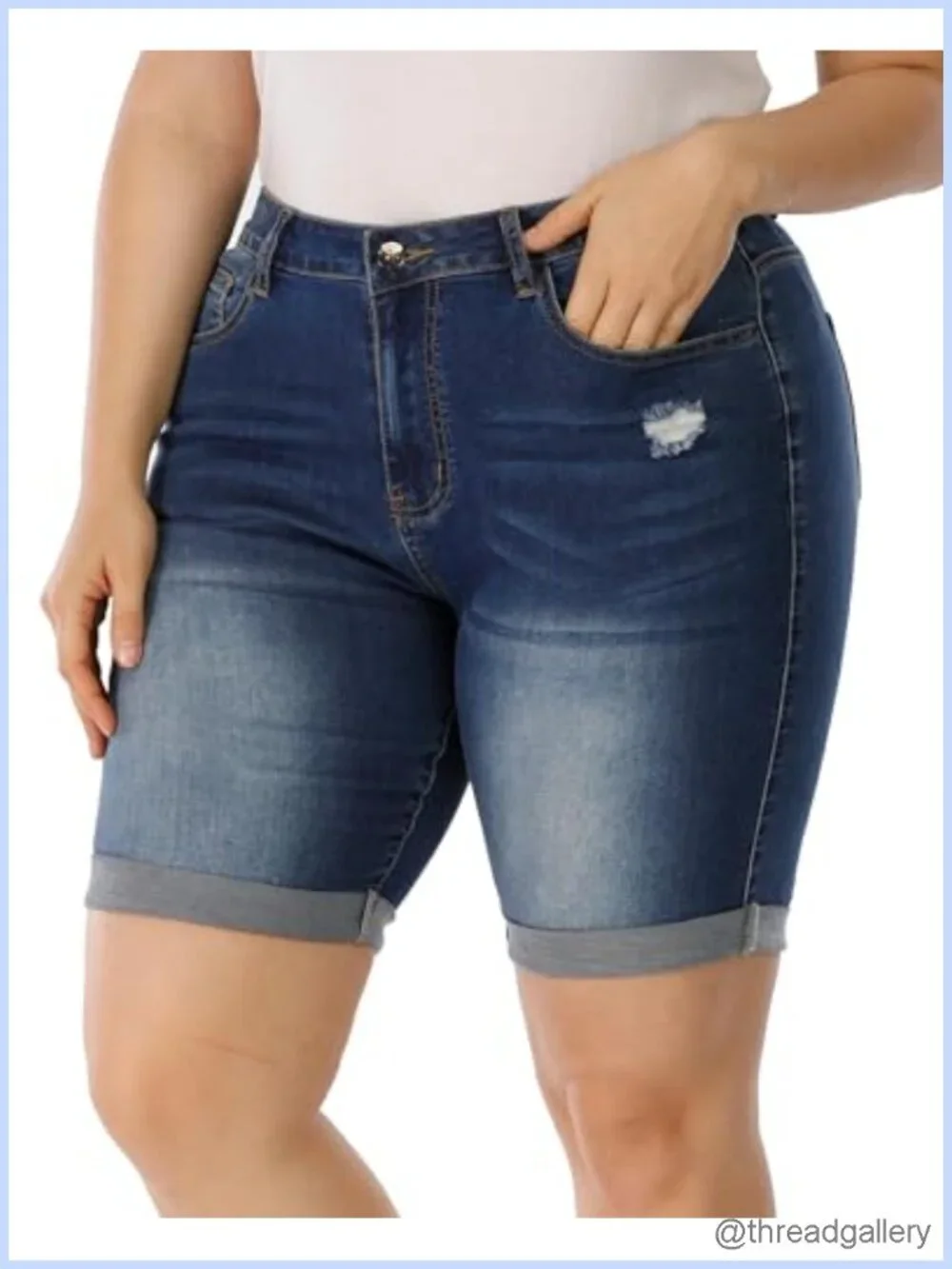 Plus Size High Waisted Stretchy Bermuda Jean Shorts Fold Hem